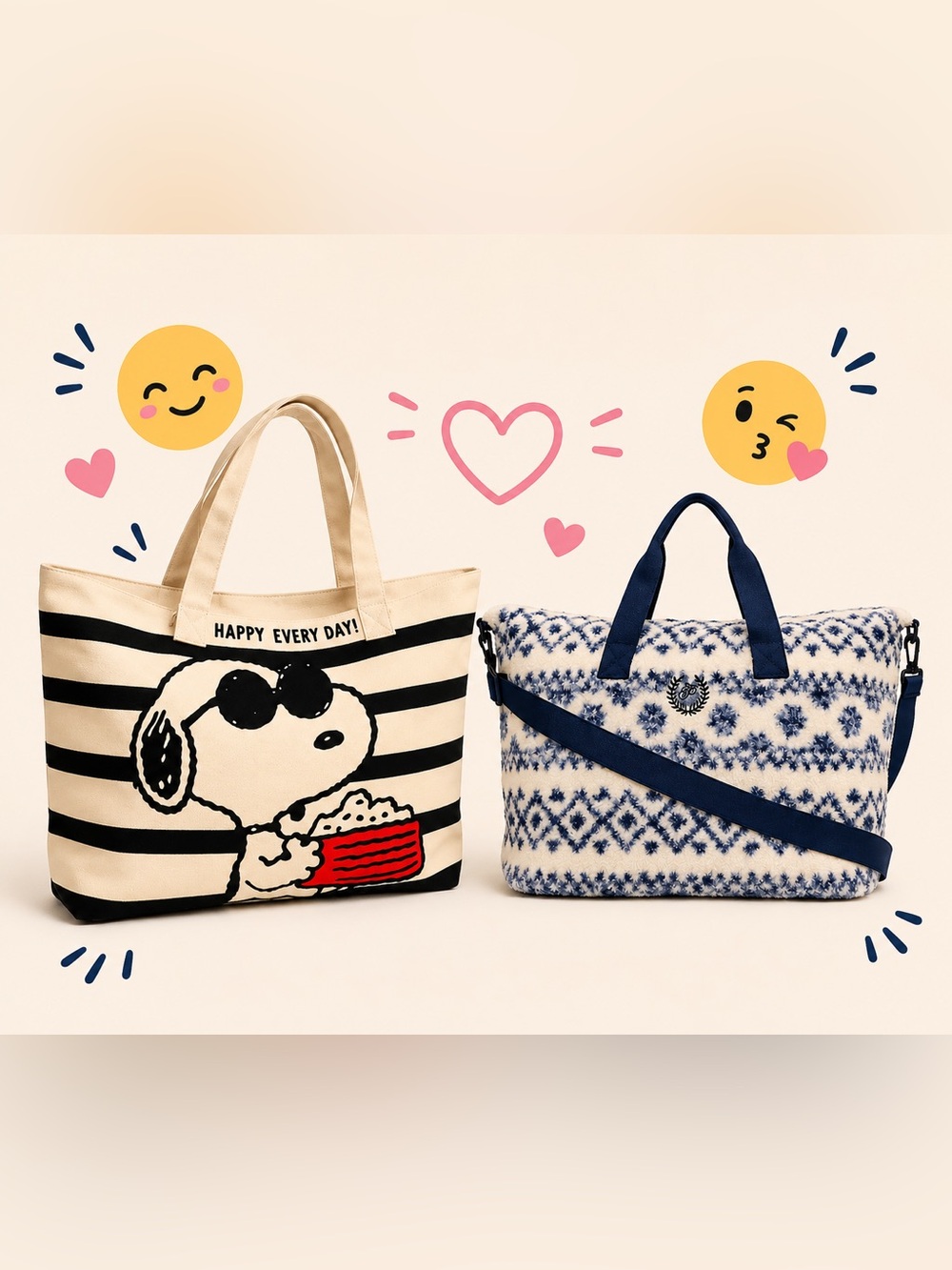 Canvas Stripe Tote Bag with Snoopy & Cozy plush weekender Bag VS